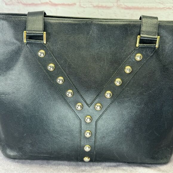 Yves Saint Laurent Studded Y Black Leather Tote Bag Large - Picture 3 of 15